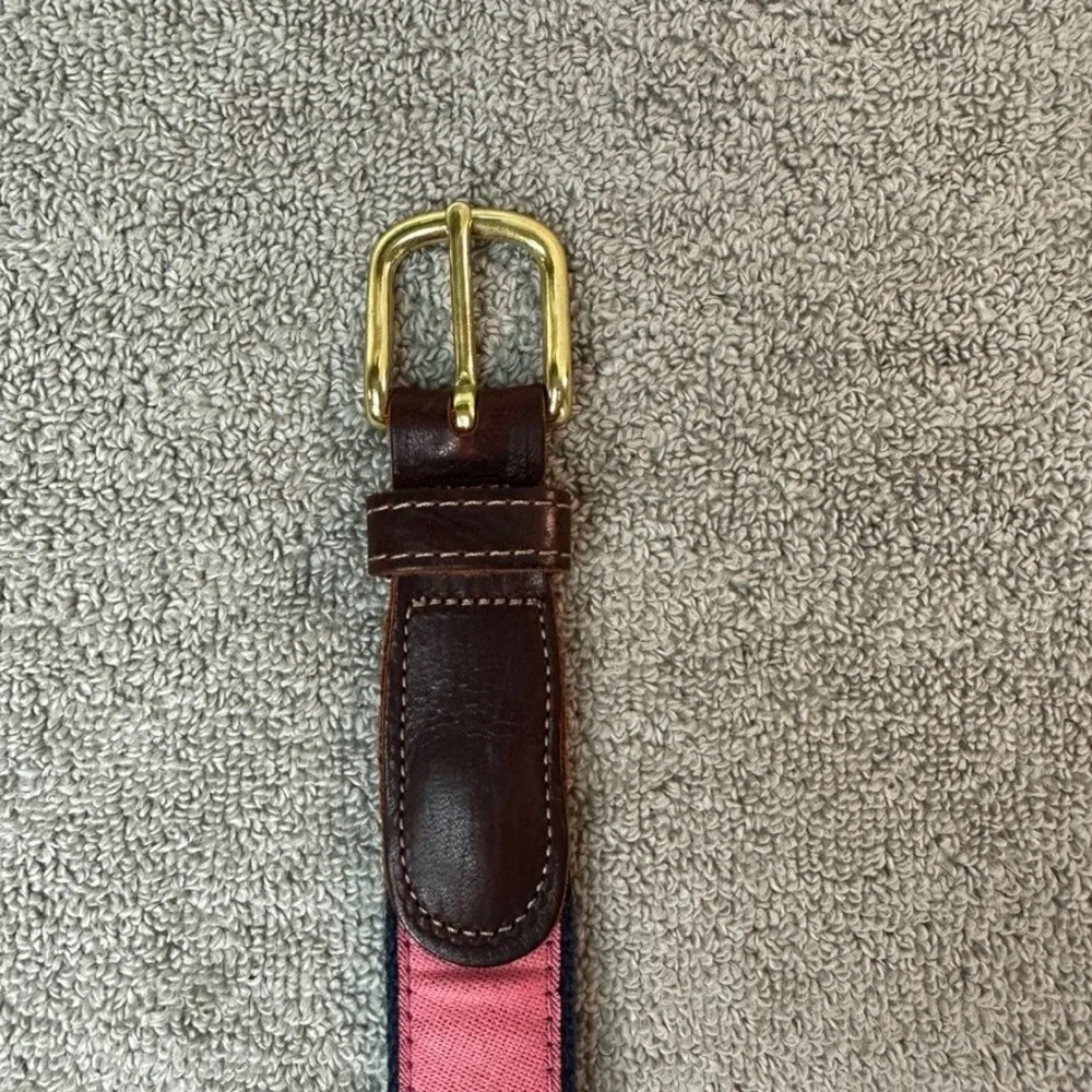 Preston New England Mens 34 Nautical Yacht Flag Surcingle Belt Pink Navy Leather